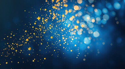 Dark Blue Abstract Background with Golden Glitter and Bokeh Lights