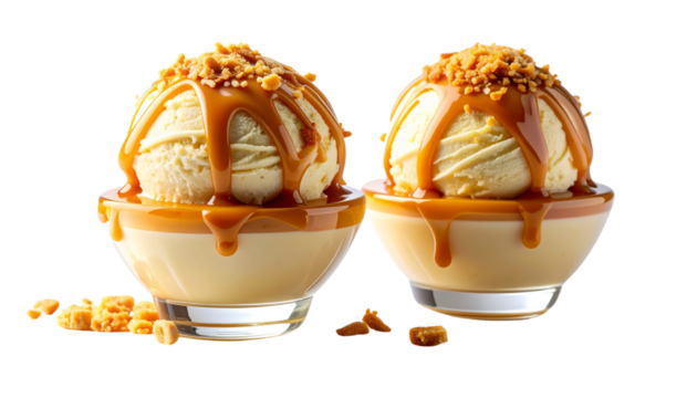 Gourmet Vanilla Ice Cream with Caramel Swirl Pair – isolated on transparent background - Powered by Adobe