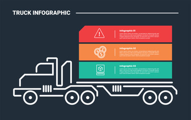 Obraz premium truck logistics transportation infographic process diagram with side view truck with long rectangle box container stacked list with dark background bright outline style 3 point