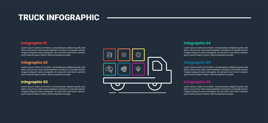 truck logistics transportation infographic process diagram with side view with square box stacked on truck behind with dark background bright outline style 6 point