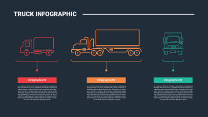truck logistics transportation infographic process diagram with various truck size from big, small, and front view with dark background bright outline style 3 point