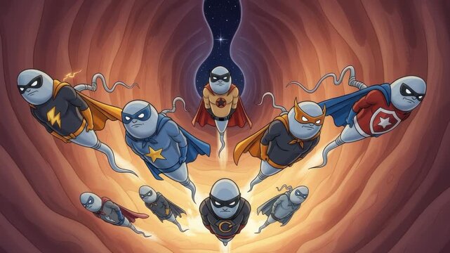 Spermatozoa superheroes fly to the depths of the uterus with bravery and hope cartoon style