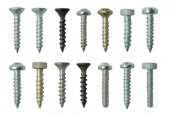 Various metal screws and fasteners on a transparent background, showing different types, sizes, and colors for versatile use