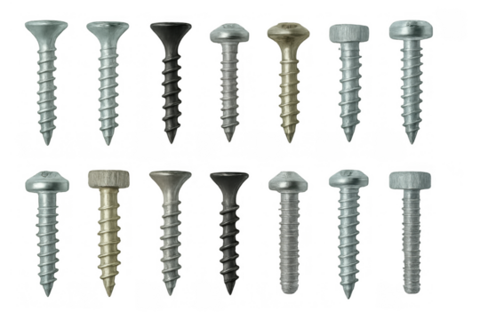 Various metal screws and fasteners on a transparent background, showing different types, sizes, and colors for versatile use
