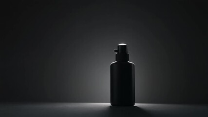 Luxurious black bottle with a pump dispenser, isolated on a dark background with a dramatic spotlight, evoking a sense of premium skincare or fragrance