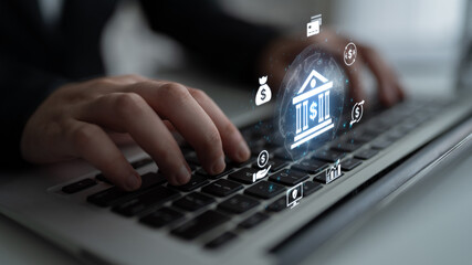 Concept of digital banking and global financial services. A network of secure online transactions, currency exchange, and money management for the international economy. Fermion