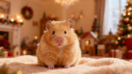 "Golden Hamster in Christmas Scene E-commerce Banner" Pet E-commerce Banner Illustration with Mini House Decoration
