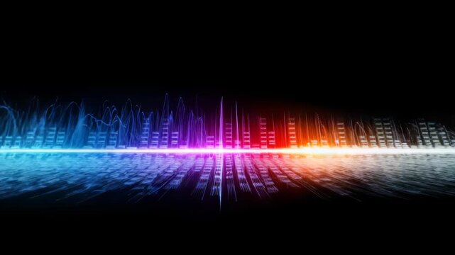 Vibrant audio wave visualization with spectrum analysis and dynamic color gradient effects for
