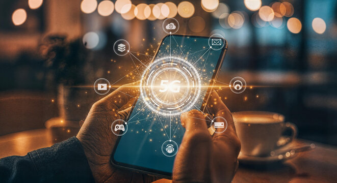 Experience lightning-fast 5G with the latest mobile technology and enjoy seamless connectivity in a modern cafe setting