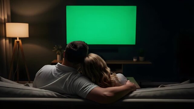 Cozy night in watching green screen TV together ideal for advertising or product placement opportunities