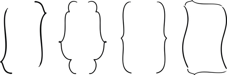 Hand-drawn bracket frames for decorative design accents. Curly brace outlines ideal for notes, labels, and creative layouts. Elegant sketch-style brackets for modern artwork. © Sk