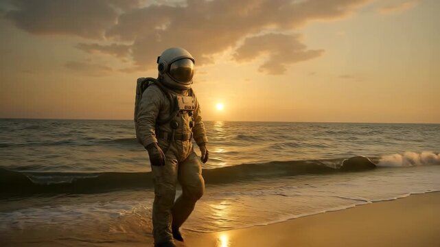 A surreal scene featuring an astronaut in a full space suit walking along a sandy beach at sunset. Gentle waves roll in from the ocean as the sky glows gold and orange, reflecting off the water and sa
