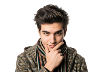 Young man with hand on chin wearing a patterned coat isolated on transparent background
