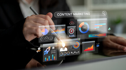Content marketing interface with data dashboards, analytics charts, and content tools. Marketing success comes from content performance, content planning, and marketing optimization. Spline