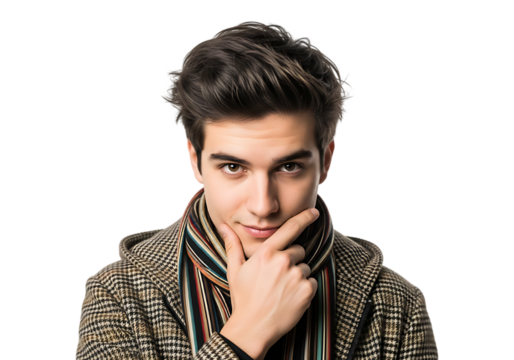 Young man with hand on chin wearing a patterned coat isolated on transparent background