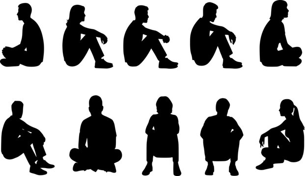 Silhouette of seated people, male and female sitting poses, side and front view, vector illustration, modern design, human figure collection

