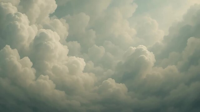 A dreamy expanse of billowing clouds filling the sky, illuminated by soft sunlight from above. The fluffy formations create a peaceful, ethereal atmosphere, evoking a sense of calm, openness, and wond