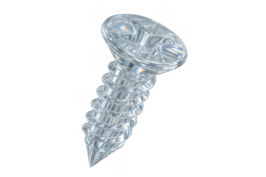 Glass screw creating fragility concept, transparent hardware fastener, shiny object on isolated background