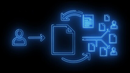 Neon document processing sequence with file icons, directional arrows and digital data transfer workflow visualization - Powered by Adobe