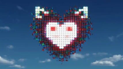 Pixelated Heart Symbol Against Blue Sky Digital Art and Visual Representation of Love
