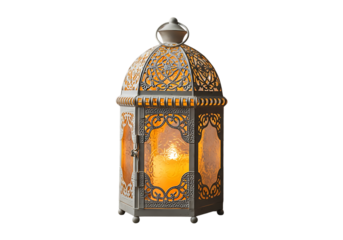 Ornate moroccan lantern with glowing candle isolated on transparent background