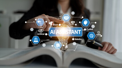 Conceptual Image of AI Assistant with Lightbulb and Technology Icons Representing Innovation, Robotics, and Digital Transformation in Modern Business. Tessel.