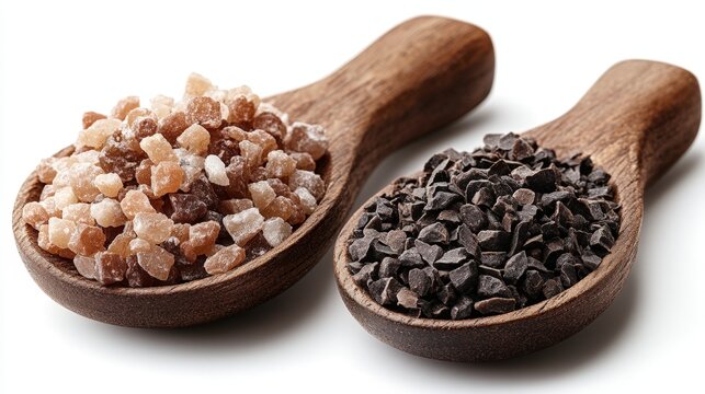 Two rustic wooden spoons are overflowing with granulated sugar and dark chocolate chips. The rich, dark chocolate contrasts beautifully with the white sugar, creating a tempting dessert scene.