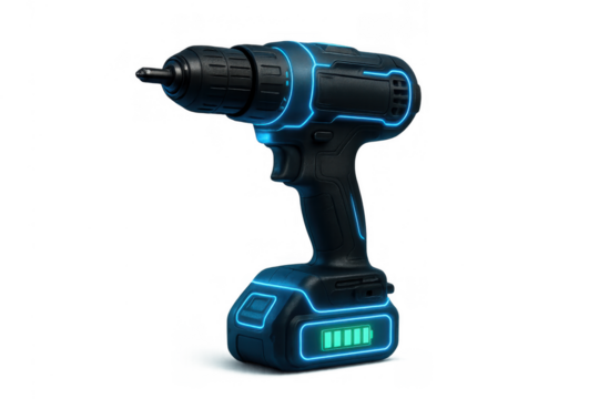 Futuristic cordless drill glowing with neon blue lights, displaying full battery power, isolated with transparent background