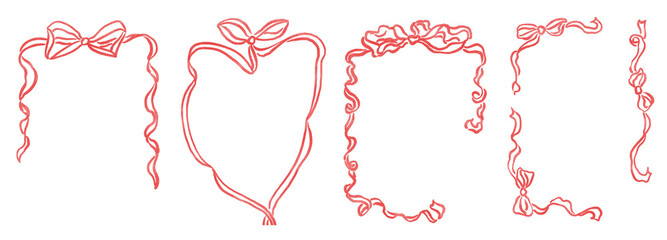 Valentine's Day Ribbon Frame Set, Hand Drawn Bow Borders, Vintage Style Decorative Heart and Rectangular Frames for Greeting Cards, Invitations, Printables