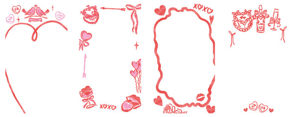 Valentine's Day Ribbon Frame Set, Hand Drawn Bow Borders, Vintage Style Decorative Heart and Rectangular Frames for Greeting Cards, Invitations, Printables
