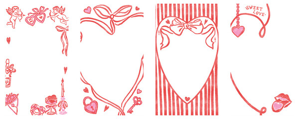 Valentine's Day Ribbon Frame Set, Hand Drawn Bow Borders, Vintage Style Decorative Heart and Rectangular Frames for Greeting Cards, Invitations, Printables
