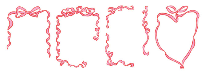 Valentine's Day Ribbon Frame Set, Hand Drawn Bow Borders, Vintage Style Decorative Heart and Rectangular Frames for Greeting Cards, Invitations, Printables