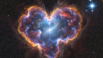 A breathtaking cosmic nebula forms a vibrant heart shape, glowing with incandescent blues, fiery reds, and golden oranges against a vast, star-studded backdrop of deep space. This mesmerizing celestia