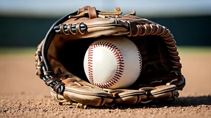 Baseball and glove close up on field focus on the baseball resting in the mitt