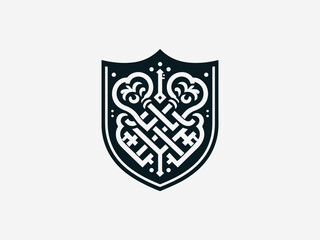 Intricate interwoven golden keys crest black vector logo with detailed heraldic shield for security company identity