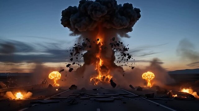 A breathtaking cinematic shot captures the raw power of a massive, simulated explosion erupting on an open desert road at twilight. A towering mushroom cloud of dark, billowing smoke rises dramaticall