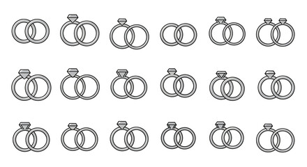 A grid of various wedding and engagement ring icons, showing different styles of intertwined bands and diamond rings.