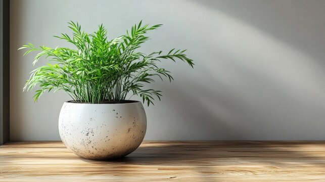 A lush green potted plant with long leaves rests on a rustic wooden surface, contrasted by a textured gray wall. Evokes feelings of nature, tranquility, and home decor.