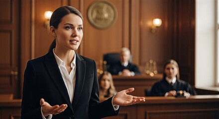 Female lawyer passionately presenting case in courtroom, engaged with audience, showcasing legal expertise and commitment to defending clients rights in a professional setting