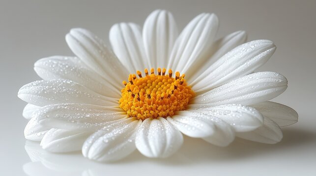 A delicate close-up photograph of a single white daisy, glistening with dew drops on its petals. The image captures the pristine beauty and fragility of nature.