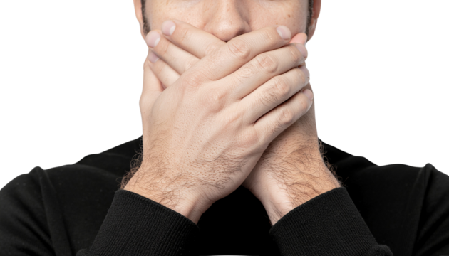 Person's Hands Covering Mouth Symbol of Silence, Secrecy, and Forbidden Speech - Powered by Adobe