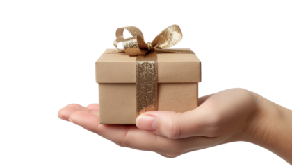 Offering a Gift Hand Presenting a Small Box with Ribbon