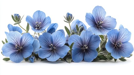 A vibrant cluster of blue flowers features dark purple centers set against a clean white backdrop. Perfect for springtime, nature, or garden-themed projects.