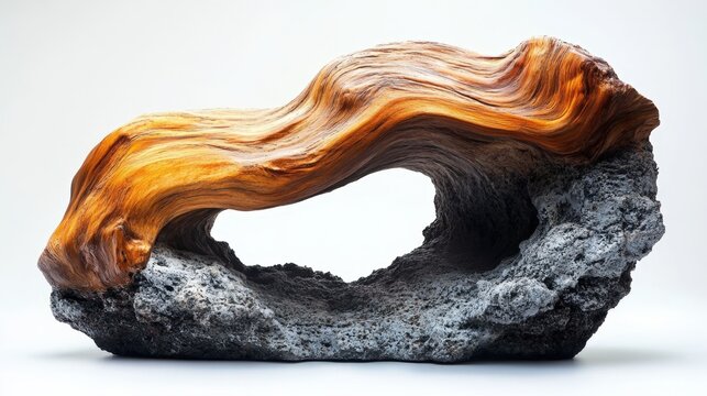 A striking wooden sculpture resembling an arch, showcasing a beautiful gradient from warm orange to deep brown. The piece is presented on a pristine white background, emphasizing its form and texture.