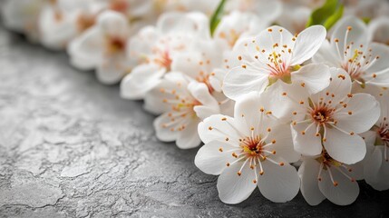 Fototapeta premium A vibrant cluster of white flowers boasting bright yellow centers, arranged on a naturally textured surface. Perfect for spring, beauty, or nature photography.