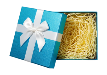 Open blue gift box with white ribbon and shredded paper filling isolated on transparent background