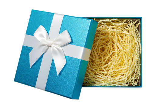 Open blue gift box with white ribbon and shredded paper filling isolated on transparent background