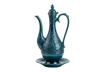 Ornate teal ceramic pitcher with intricate patterns isolated on transparent background