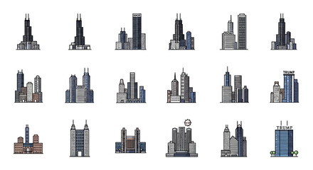 Obraz premium A collection of 15 detailed illustrations showcasing various modern city skylines and individual skyscrapers with diverse architectural designs.