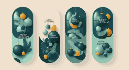 Four modern vertical christmas banners with 3d festive decorations baubles, pine branches, and happy christmas text stylish teal, green, orange holiday theme